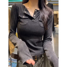 批发网红同款2026春季新款甜酷辣妹口袋撞色洗水做旧长袖T恤衫女上衣