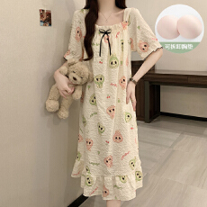 批发夏季云朵棉新款甜美带可拆胸垫短袖裙中长款少女家居<b class='q'>服</b>可外穿