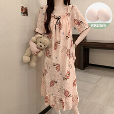 批发方领短袖裙夏季云朵棉新款甜美带可拆胸垫中长款少女家居<b class='q'>服</b>可外穿