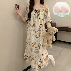 批发少女云朵棉中长款方领短袖裙夏季新款甜美带可拆胸垫家居<b class='q'>服</b>可外穿