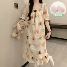 批发夏季少女云朵棉中长款方领短袖裙新款甜美带可拆胸垫家居<b class='q'>服</b>可外穿