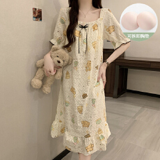 批发夏季带可拆胸垫少女云朵棉中长款方领短袖裙新款甜美家居<b class='q'>服</b>可外穿