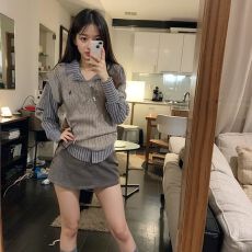 批发学院风针织马甲背心修身条纹衬衫2025春季高腰显瘦短裙三件套装