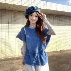 批发现~韩系蓝色抽绳针织马甲叠穿碎花打底女春季时尚高腰半身裙套装