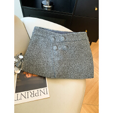 批发实拍圈圈呢a字半身裙女秋冬新款不对称低腰辣妹双排扣毛呢<b class='q'>短裙</b>裤