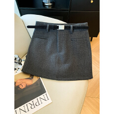 批发实拍秋冬新款毛呢短裙配腰带半身裙女高腰显瘦气质a字西装包臀裙