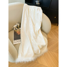 批发实拍新中式拼接毛毛边丝绒半身裙女秋<b class='q'>冬</b>新款加绒显瘦开叉a字长裙