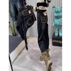 批发<b class='q'>大码</b>美式高街工装牛仔裤女秋冬胖mm宽松显瘦高腰直筒阔腿拖地裤子