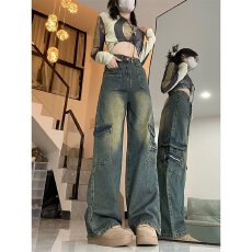 批发<b class='q'>大码</b>美式高街工装牛仔裤女秋冬胖mm宽松显瘦高腰直筒阔腿拖地裤子