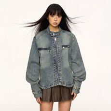 批发复古水洗做旧牛仔外套男女<b class='q'>街头</b>2025春秋新款立领短款工装夹克上衣