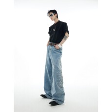 批发潮流女裤2025夏季新款渐变色设计感<b class='q'>镶钻</b>直筒裤女复古高腰阔腿裤