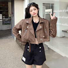 批发美式甜酷西装领PU皮机车服夹克女秋季正肩高级感长袖短款皮外套潮