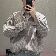 批发秋季新款拼色小格纹翻领长袖衬衫复古休闲口袋装饰衬衣男女