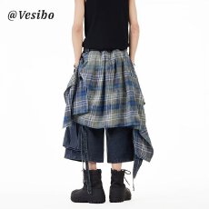 批发美式复古格子大口袋拼接工装牛仔<b class='q'>短裤</b><b class='q'>男</b>女宽松阔腿黑色休闲<b class='q'>七分裤</b>