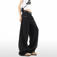 批发老钱风明线收褶西裤女男秋季高级简约阔腿<b class='q'>休闲</b>裤垂感显瘦拖地裤子