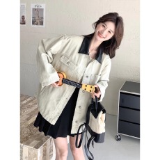 批发灰色拼接pu皮领<b class='q'>牛仔</b>外套男女秋冬款中性工装褂子美式高街情侣夹克