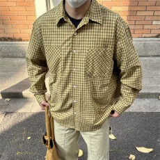 批发美式复古黄色格子衬衫男女春秋高级感休闲宽松防晒长袖衬衣情侣潮