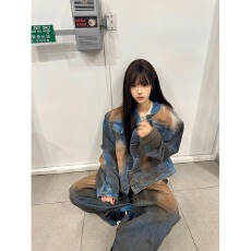 批发美式扎染垫肩牛仔外套复古欧美<b class='q'>街头</b>小众牛仔衣水洗做旧工装夹克