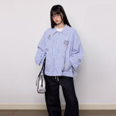 批发日系软妹学院风童趣可爱涂鸦刺绣宽松<b class='q'>长袖</b>格子<b class='q'>衬衫</b>上衣女学生气质