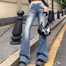 批发复古高腰微喇牛仔裤女<b class='q'>夏</b>装直筒破洞裤修身显瘦哈伦裤时尚休闲长裤