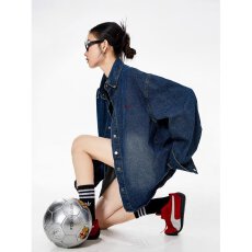 批发美式复古字母刺绣牛仔<b class='q'>衬衫</b>男女新款宽松休闲百搭<b class='q'>衬衣</b>外套