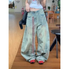 批发美式高街脏染复古弯刀<b class='q'>牛仔裤</b>旧脏染秋季宽松辣妹直筒阔腿裤子拖地