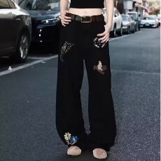 批发美式复古蕾丝拼接白色<b class='q'>牛仔裤</b>女夏季高街设计感直筒宽松显瘦阔腿裤
