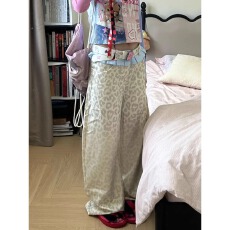 批发美式千禧辣妹小裙摆拼接牛仔裤女<b class='q'>大码</b>设计感撞色豹纹宽松阔腿长裤
