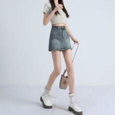 批发复古风<b class='q'>牛仔</b>短裙女夏季小个子高腰a字半身裙韩式辣妹防走光包臀裙