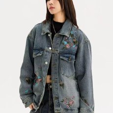 批发ins流行气质慵懒时尚日系潮流百搭文艺刺绣牛仔外套简约原宿新款