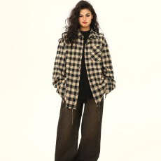 批发春秋美式<b class='q'>街头</b>宽松格子长袖衬衫男女潮牌复古刺绣破烂翻领工装衬衣