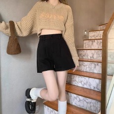 批发黑色秋冬外穿毛呢<b class='q'>短裤</b>女大码新款高腰直筒中裤阔腿打底裤靴裤