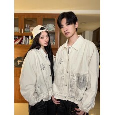 批发做旧脏染人物印花牛仔夹克翻领外套男女2025秋美式<b class='q'>街头</b>潮流夹克
