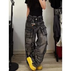 批发大码美式潮牌重工水洗多口袋工装牛仔裤男女设计感复古做旧阔腿裤