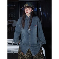 批发复古做旧水洗刺绣长袖牛仔<b class='q'>衬衫</b>男女美式潮牌宽松休闲百搭外套情侣