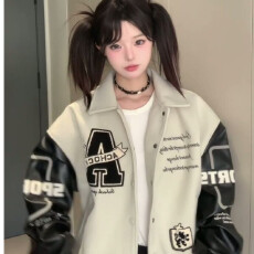 批发夹棉毛尼拼棒球<b class='q'>服</b>外套女春秋翻领刺绣高街立领夹克宽松潮牌上衣