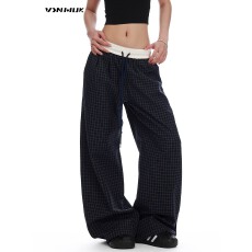 批发立体裤头包边原身撞色格子休闲裤女秋复古垂感<b class='q'>显瘦</b>阔腿运动裤子