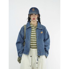 批发2025春秋新款美式<b class='q'>街头</b>复古宽松bf风水洗蓝色底特律短款牛仔外套女