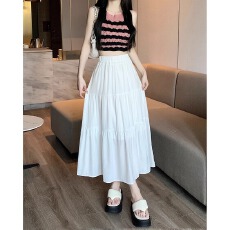 批发高腰垂感百褶半身裙女装小仙女白裙子韩版遮胯大摆a字中长裙伞裙