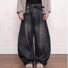 批发新款日系复古水洗做旧弯刀<b class='q'>牛仔裤</b>男<b class='q'>女生</b>宽松直筒休闲阔腿拖地裤潮