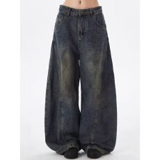 批发新款日系复古水洗做旧弯刀<b class='q'>牛仔裤</b>男<b class='q'>女生</b>宽松直筒休闲阔腿拖地裤潮