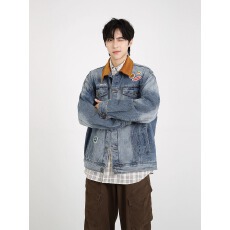 批发美式复古水洗贴标翻领牛仔夹克男女情侣<b class='q'>街头</b>上衣国潮休闲外套潮流