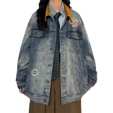 批发美式复古水洗贴标翻领牛仔夹克男女情侣<b class='q'>街头</b>上衣国潮休闲外套潮流