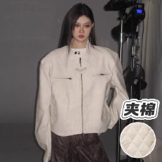 批发美式复古<b class='q'>街头</b>机车麂皮衣夹克女短款潮牌夹棉服垫肩外套秋冬