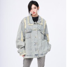 批发cleanfit牛仔外套男女春秋款痞帅炸街穿搭复古水洗做旧毛边夹克潮