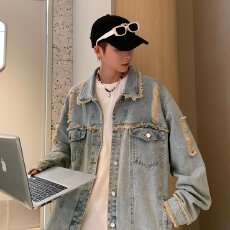 批发cleanfit牛仔外套男女<b class='q'>春</b>秋款痞帅炸街穿搭复古水洗做旧毛边夹克潮