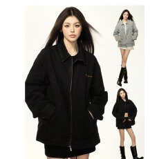 批发<b class='q'>街头</b>嘻哈刺绣翻领牛仔夹克男女款宽松做旧设计感扎染水洗褂子外套