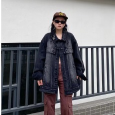 批发宽松型日系长袖潮流纯色女牛仔短外套时尚单件新款慵懒单排扣ins