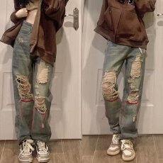 批发高街做旧废土色破洞<b class='q'>牛仔裤</b><b class='q'>男</b>女复古小众设计垂感显瘦直筒乞丐长裤