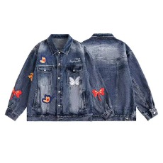 批发美式高街蝴蝶刺绣水洗<b class='q'>牛仔外</b><b class='q'>套男</b>女春秋新款嘻哈高级休闲复古夹克
